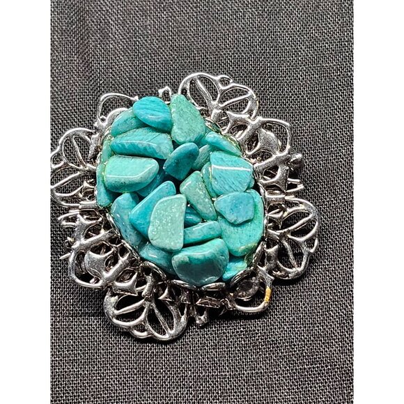 Vintage Silver-Tone Filigree Brooch With Aqua Turquoise Stone Chips Oval Design - Picture 1 of 6